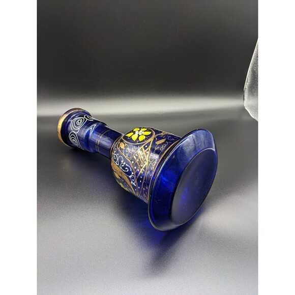 Vintage Persian Cobalt Blue Glass Decanter Vase 11.5 " Handpainted EUC - Picture 5 of 7
